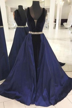 Long Blue V-Neck Beaded Prom Dresses Formal Evening Dresses 601110