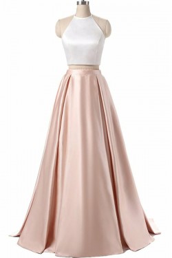 Halter Two Pieces Satin Long Prom Dresses Formal Evening Dresses 601113