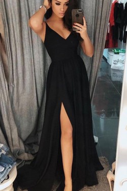 Simple Stunning V-Neck Long Black Prom Dresses Formal Evening Dresses 601118
