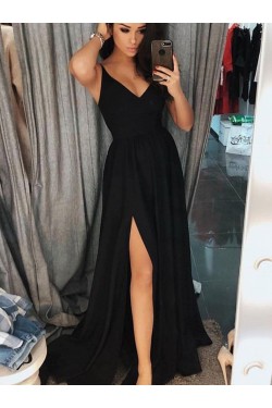 Simple Stunning V-Neck Long Black Prom Dresses Formal Evening Dresses 601118