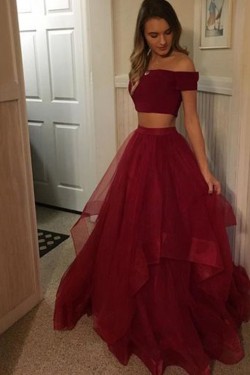 Two Pieces Off the Shoulder Long Prom Dresses Formal Evening Dresses 601124