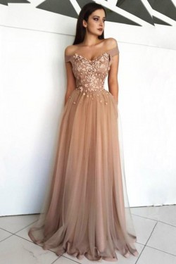 Elegant Off-the-Shoulder Beaded Lace Tulle Long Prom Dresses Formal Evening Dresses 601126