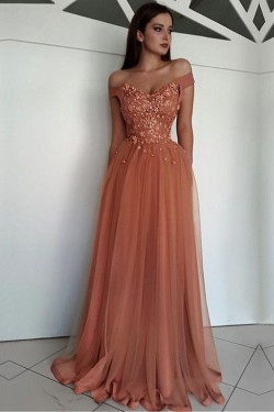 Elegant Off-the-Shoulder Beaded Lace Tulle Long Prom Dresses Formal Evening Dresses 601126