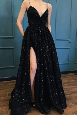 Spaghetti Strap Sparkle Long Black Prom Dresses Formal Evening Dresses 601129