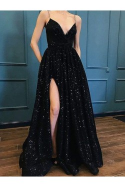 Spaghetti Strap Sparkle Long Black Prom Dresses Formal Evening Dresses 601129