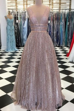 Sparkle V-Neck Long Prom Dresses Formal Evening Dresses 601130