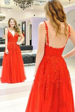 A-Line Lace Appliques V-Neck Long Prom Dresses Formal Evening Dresses 601132