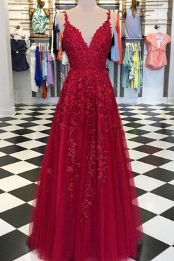 A-Line Lace Appliques V-Neck Long Prom Dresses Formal Evening Dresses 601132