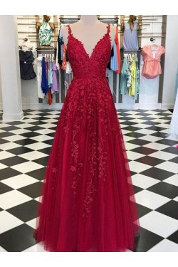 A-Line Lace Appliques V-Neck Long Prom Dresses Formal Evening Dresses 601132