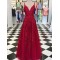 A-Line Lace Appliques V-Neck Long Prom Dresses Formal Evening Dresses 601132