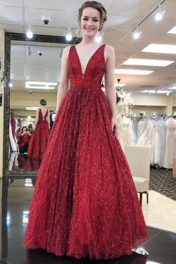 Sparkle V-Neck Long Prom Dresses Formal Evening Dresses 601133