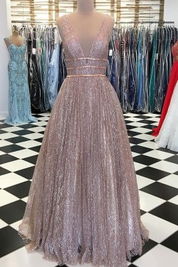 Sparkle V-Neck Long Prom Dresses Formal Evening Dresses 601133