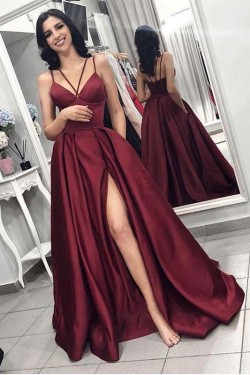 A-Line V-Neck Spaghetti Strap Long Prom Dresses Formal Evening Dresses 601135