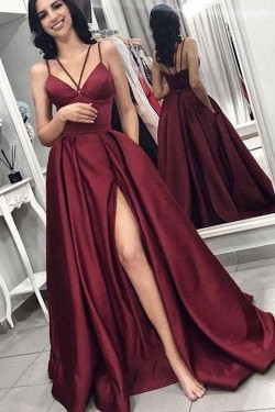 A-Line V-Neck Spaghetti Strap Long Prom Dresses Formal Evening Dresses 601135