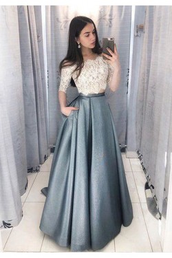 A-Line Two Pieces Lace Prom Dresses Formal Evening Dresses 601137