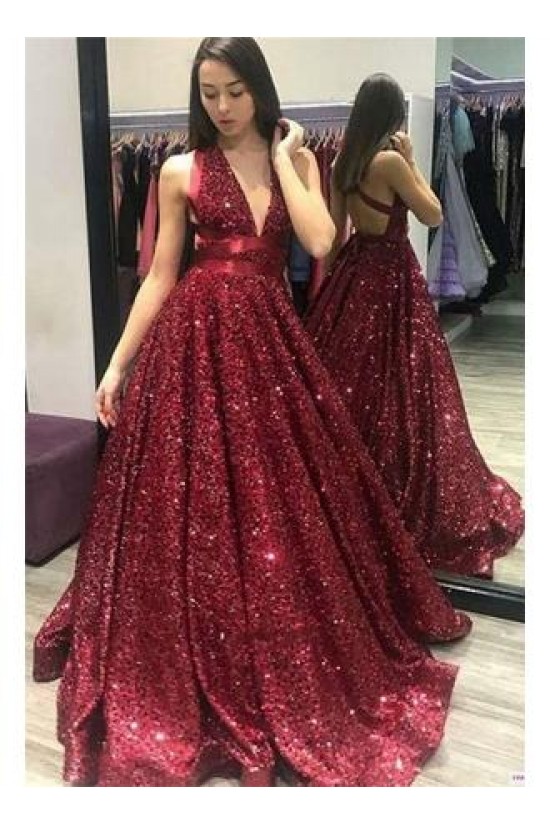 Sequined Ball Gown V-Neck Long Prom Dresses Formal Evening Dresses 601138