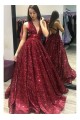 Sequined Ball Gown V-Neck Long Prom Dresses Formal Evening Dresses 601138
