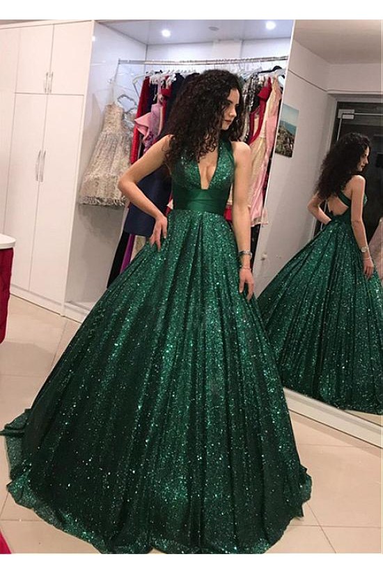 Sequined Ball Gown V-Neck Long Prom Dresses Formal Evening Dresses 601138