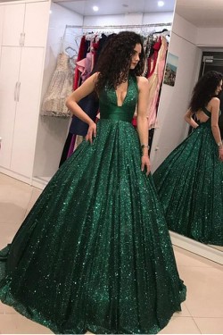 Sparkle Sequined Ball Gown V-Neck Long Prom Dresses Formal Evening Dresses 601141