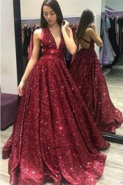 Sparkle Sequined Ball Gown V-Neck Long Prom Dresses Formal Evening Dresses 601141