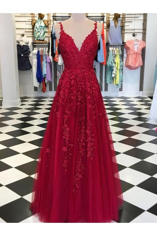 A-Line Lace Appliques V-Neck Long Prom Dresses Formal Evening Dresses 601142 A-Line Lace Appliques V-Neck Long Prom Dresses Formal Evening Dresses 601142