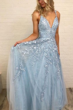 A-Line Lace Appliques V-Neck Long Prom Dresses Formal Evening Dresses 601142
