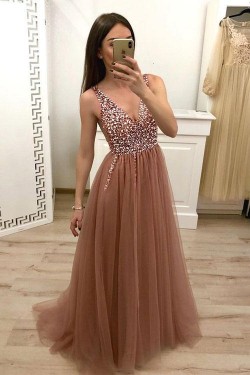 A-Line Beaded V-Neck Tulle Long Prom Dresses Formal Evening Dresses 601143