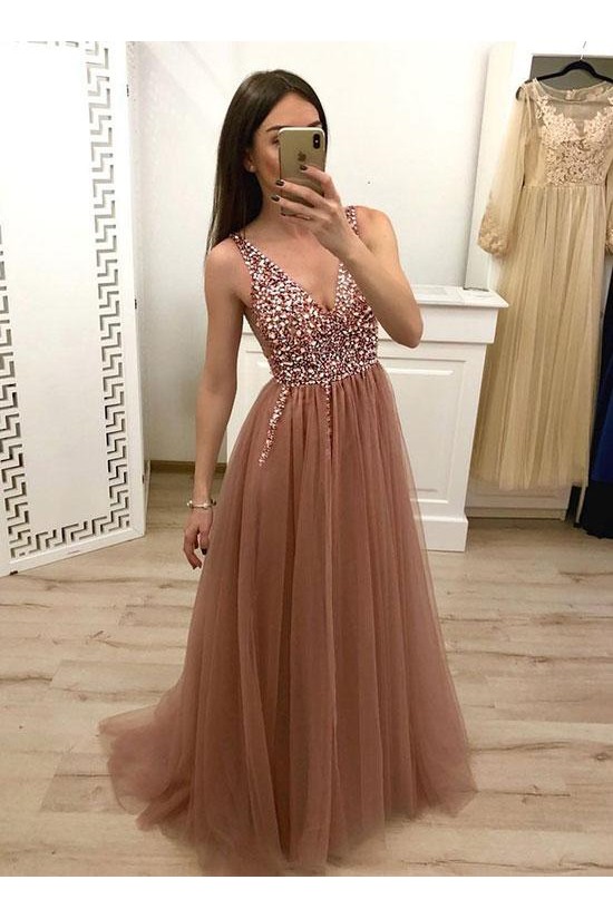 A-Line Beaded V-Neck Tulle Long Prom Dresses Formal Evening Dresses 601143 A-Line Beaded V-Neck Tulle Long Prom Dresses Formal Evening Dresses 601143