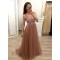 A-Line Beaded V-Neck Tulle Long Prom Dresses Formal Evening Dresses 601143