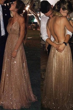 Sexy Sparkly V-Neck Long Prom Dresses Formal Evening Dresses 601147