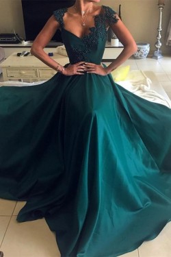 A-Line Long Prom Dresses with Lace Appliques and Beads Formal Evening Dresses 601150