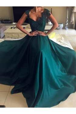 A-Line Long Prom Dresses with Lace Appliques and Beads Formal Evening Dresses 601150