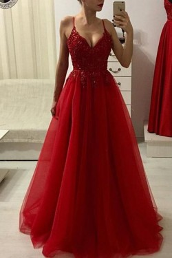 Long Red Spaghetti Strap V-Neck Prom Dresses Formal Evening Dresses 601151