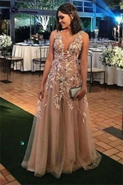 A-Line V-Neck Long Prom Dresses Formal Evening Dresses 601155