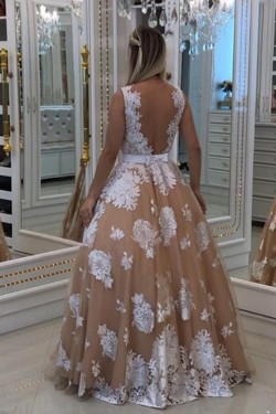 A-Line V-Neck Beaded Lace Long Prom Dresses Formal Evening Dresses 601170