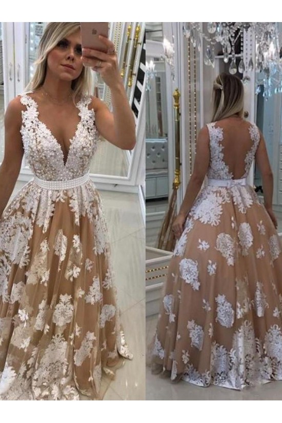 A-Line V-Neck Beaded Lace Long Prom Dresses Formal Evening Dresses 601170 A-Line V-Neck Beaded Lace Long Prom Dresses Formal Evening Dresses 601170