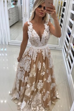 A-Line V-Neck Beaded Lace Long Prom Dresses Formal Evening Dresses 601170