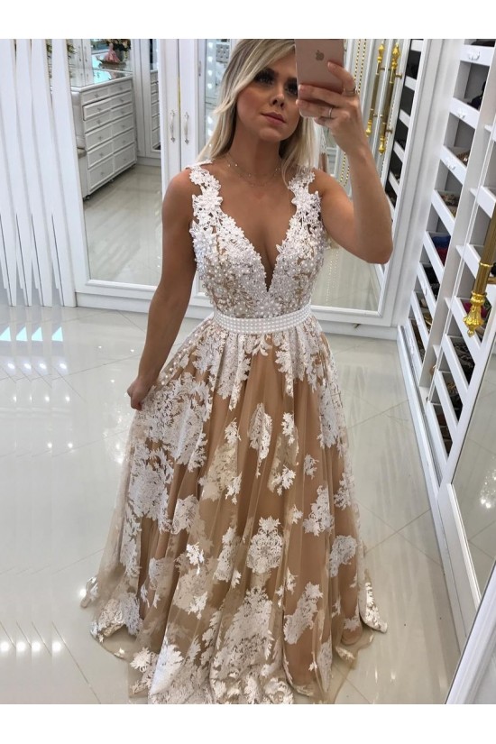 A-Line V-Neck Beaded Lace Long Prom Dresses Formal Evening Dresses 601170 A-Line V-Neck Beaded Lace Long Prom Dresses Formal Evening Dresses 601170