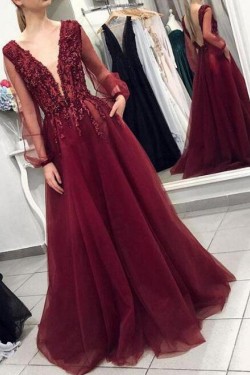 Long Beaded V-Neck Lace Appliques Prom Dresses Formal Evening Dresses 601171