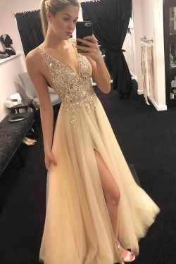 A-Line Beaded V-Neck Long Prom Dresses Formal Evening Dresses 601173