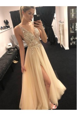 A-Line Beaded V-Neck Long Prom Dresses Formal Evening Dresses 601173