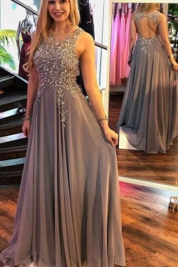 A-Line Beaded Chiffon Long Prom Dresses Formal Evening Dresses 601174