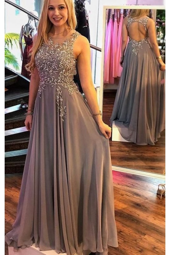 A-Line Beaded Chiffon Long Prom Dresses Formal Evening Dresses 601174