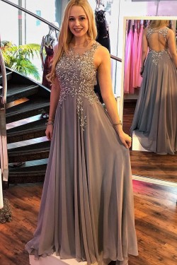 A-Line Beaded Chiffon Long Prom Dresses Formal Evening Dresses 601174