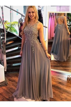 A-Line Beaded Chiffon Long Prom Dresses Formal Evening Dresses 601174