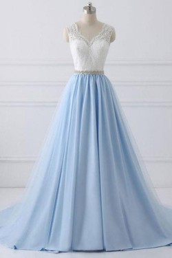 A-Line Beaded Lace Long Prom Dresses Formal Evening Dresses 601178