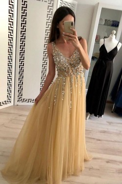 A-Line Beaded Tulle V-Neck Long Prom Dresses Formal Evening Dresses 601179