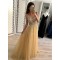 A-Line Beaded Tulle V-Neck Long Prom Dresses Formal Evening Dresses 601179