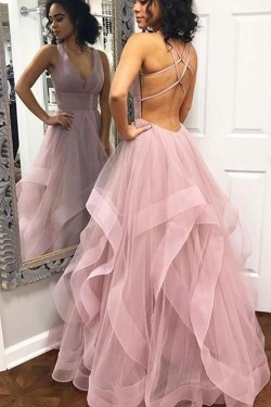 Long Tulle V-Neck Prom Dresses Formal Evening Dresses 601189