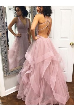 Long Tulle V-Neck Prom Dresses Formal Evening Dresses 601189